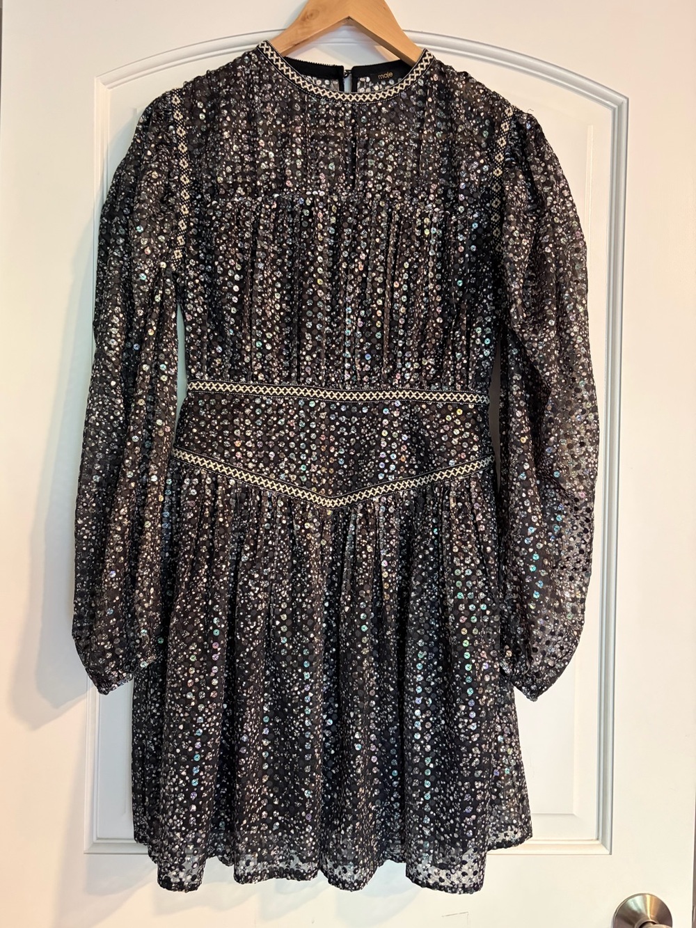 Maje Black Sequined Sparkly A-Line Long Sleeve Mini Party Cocktail Dress